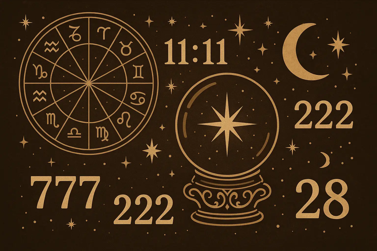 likimo-kodai-astrologija-numerologija-zenklai Mistinė iliustracija su kristaliniu rutuliu, astrologiniais simboliais, žvaigždėmis ir numerologijos elementais – simbolizuojanti likimo ženklus ir dvasinius kodus.